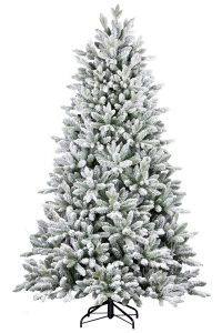 Na obrázku je krásný bílo nazelenalý stromeček uhlazeného jehlanoveho tvaru. Cely stromeček je zasněžený umělým sněhem a díky tomu je k nerozeznání od toho živého zasněženého stromku v lese. Stromek je postaven na kovovém stojanu.