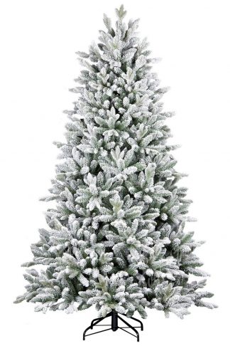 Na obrázku je krásný bílo nazelenalý stromeček uhlazeného jehlanoveho tvaru. Cely stromeček je zasněžený umělým sněhem a díky tomu je k nerozeznání od toho živého zasněženého stromku v lese. Stromek je postaven na kovovém stojanu.