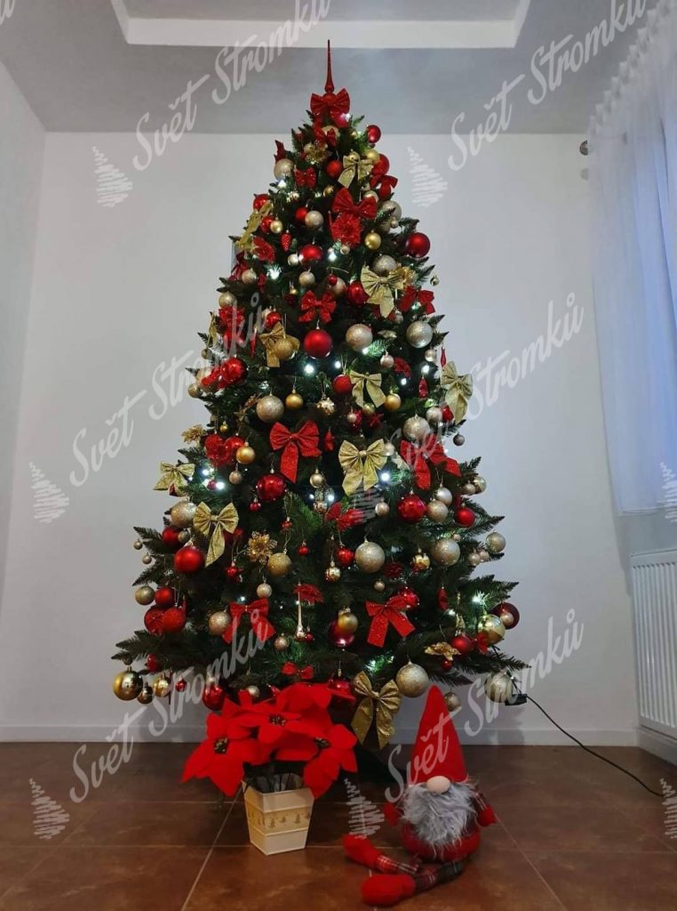 Zelený vánoční stromek smrk ozdobený červenými koulemi a mašlemi a zlatými mašlemi.