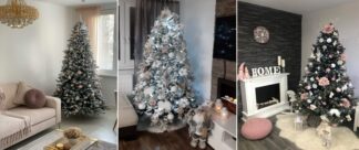 Tři moderně ozdobené vánoční stromky s různými vánočními ozdobami.